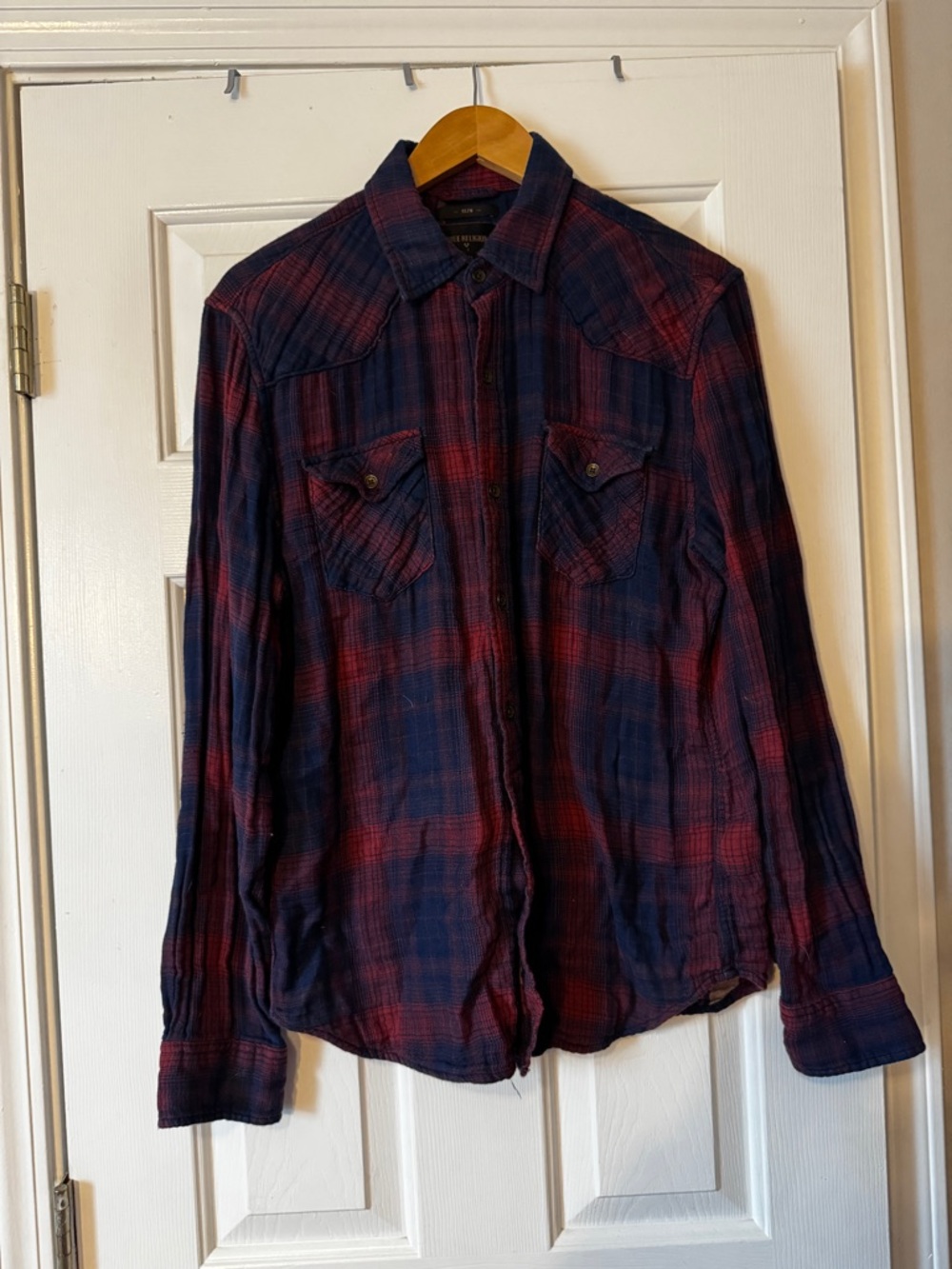 True Religion Men's Plaid Flannel Button Down Shirt Medium Slim Fit Western 0584